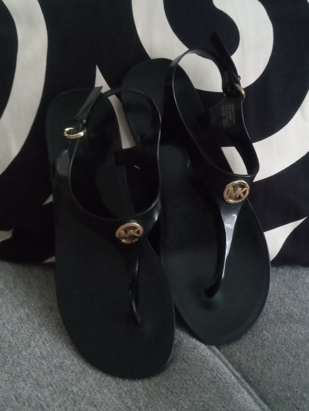 Michael Kors Black Jelly T-Strap Sandals with Gold MK Emblems